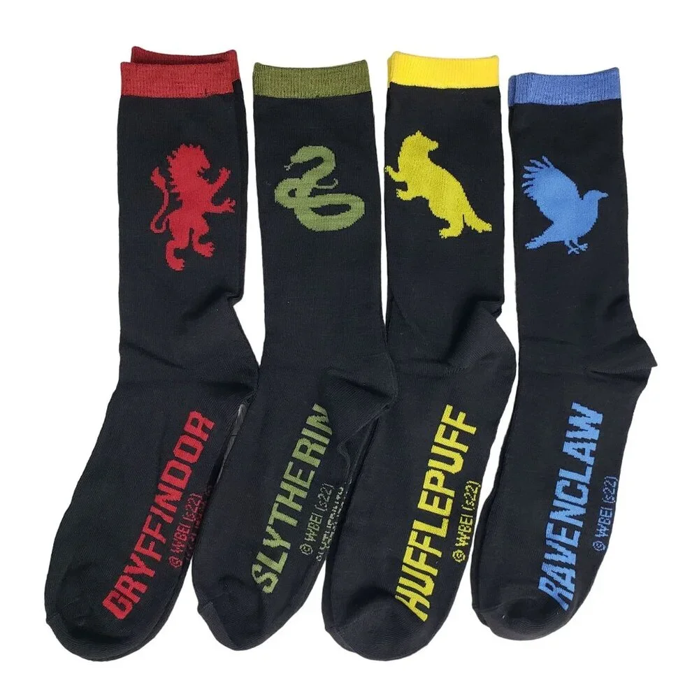 Harry Potter Crew Socks Gryffindor Slytherin Hufflepuff Ravenclaw 4-Pack Sz 6-12